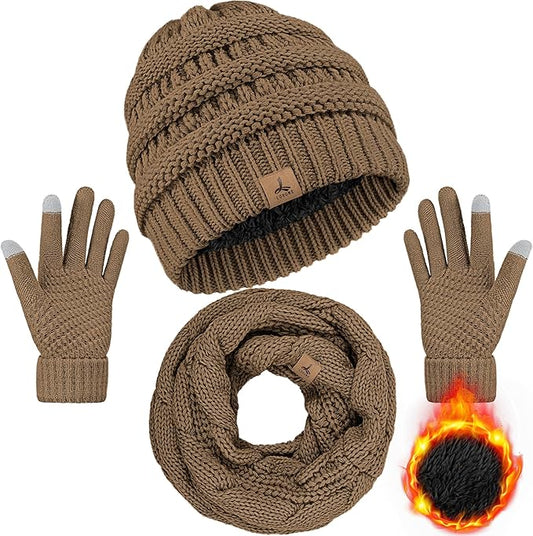 Winter Beanie Hat Scarf Gloves, Warm Fleece Knit Hats Touch Screen Gloves Neck Scarf Set Winter Gifts for Unisex Adult