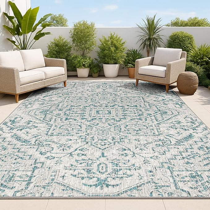 JONATHAN Y Boho Medallion Indoor Outdoor Area Rug 4X6 Teal/Gray, Estrella Textured Weave for Backyard, Patio, Porch, Easy-Cleaning, High Traffic, Pet-Friendly, Non-Shedding (SMB105C-4)