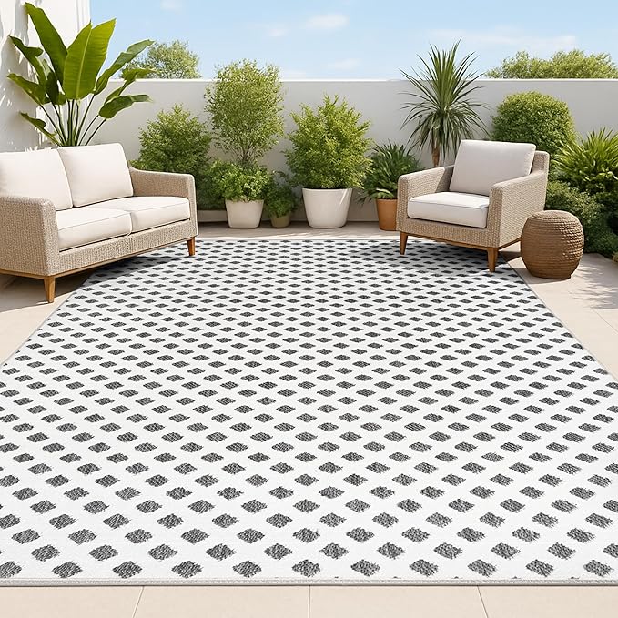 JONATHAN Y Mini-Diamond Trellis Indoor Outdoor Area Rug 3X5 White/Black, Rabat High-Low Pile for Backyard, Patio, Porch, Easy-Cleaning, High Traffic, Pet-Friendly, Non-Shedding (SBH101B-3)