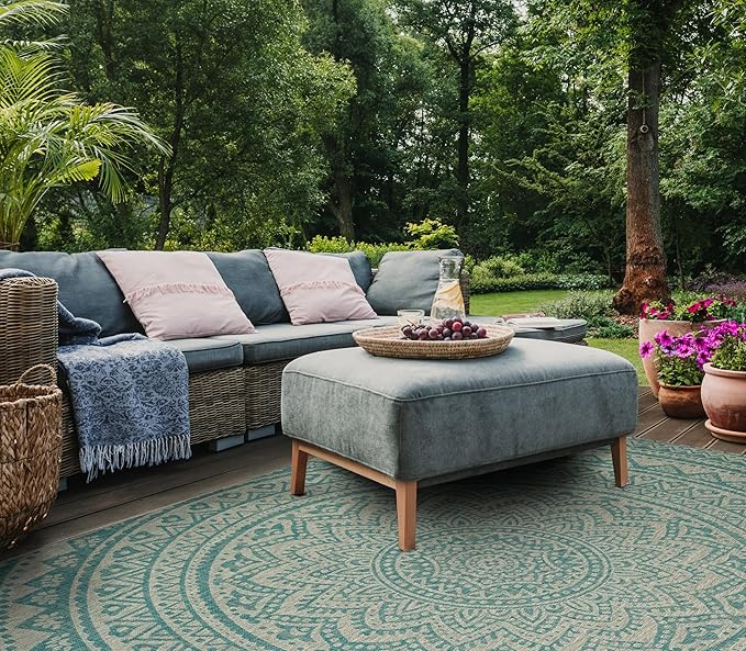 SAFAVIEH Courtyard Collection 8' x 11' Light Grey / Aqua CY8734 Indoor/ Outdoor Waterproof Easy Cleaning Patio Backyard Mudroom Area Rug