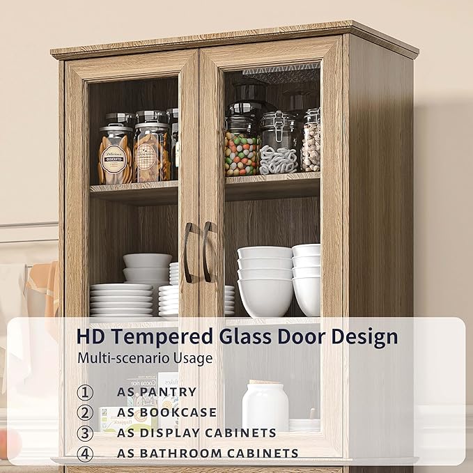 Fatmok 72" Tall Kitchen Pantry Storage Cabinet with Glass Door,Kitchen Hutch Cabinet with 4 Door & 1 Drawer, Farmhouse Food Pantry for Living Room, Dining Room, Office, Natrual