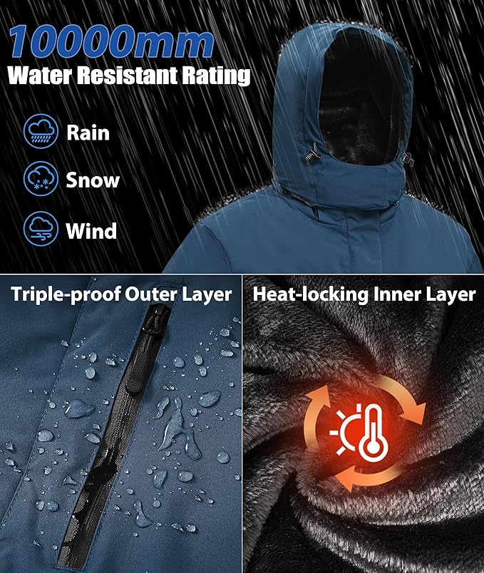 Mens Winter Snow Jacket Waterproof Ski Jackets Snowboard Rain Warm Coat Insulated Hood Fleece Lined