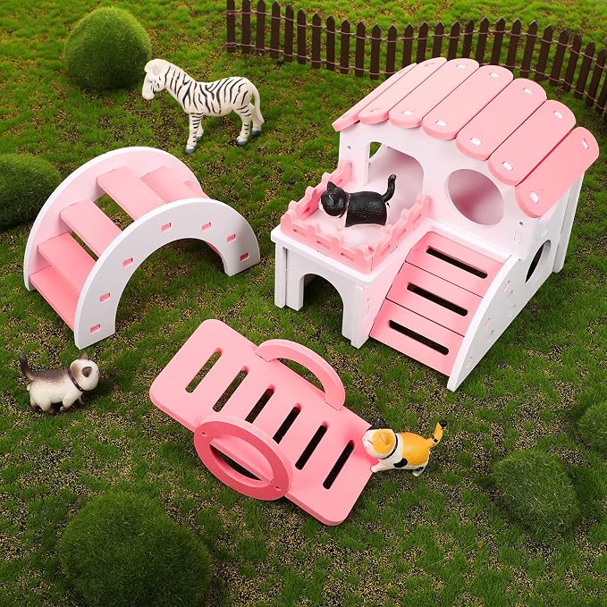 Skylety 3 Pieces Fun Hamster Guinea Pig Hideout Kit, Small, Pink | Include PVC Hamster House, Rainbow Bridge, Seesaw DIY Exercise Playhouse for Rats Mouse Small Animals