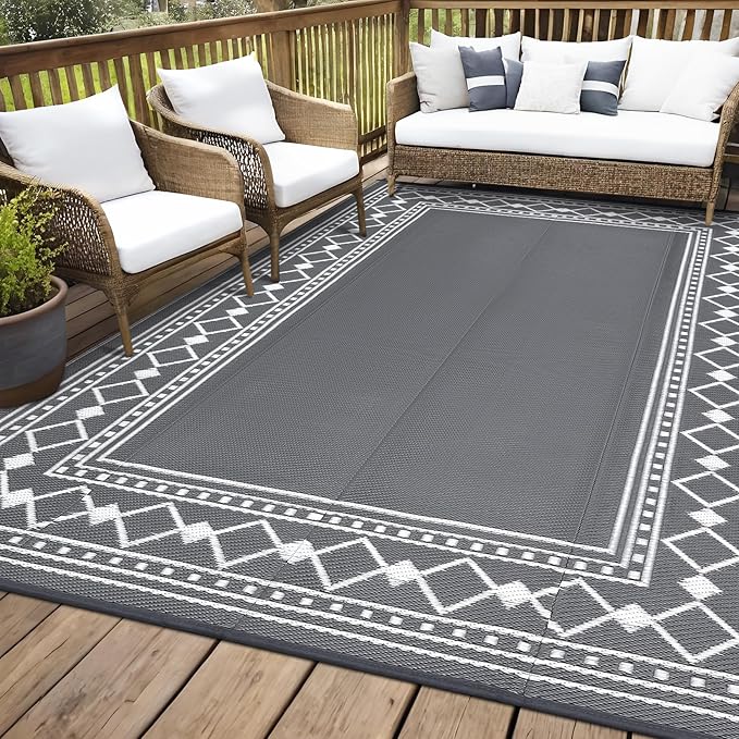 10x14 Large Outdoor Rug,Modern Bordered Plastic Straw Carpet,Waterproof Lightweight Outdoor Carpet,Easy Cleaning Folding Uv Resistant Picnic Camping Mat,Grey/White