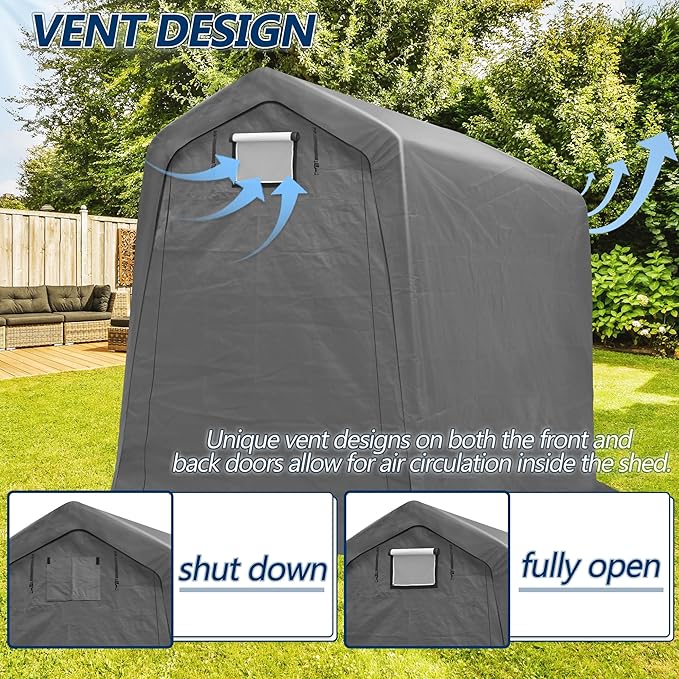COVERONICS 6' x 7' Outdoor Storage Shed - Heavy Duty Portable Shelter Carport with Ventilation Windows and Roll-up Doors, Storage Shelter Tent for Motorcycle, Bike, Lawnmower and Garden Tools, Grey