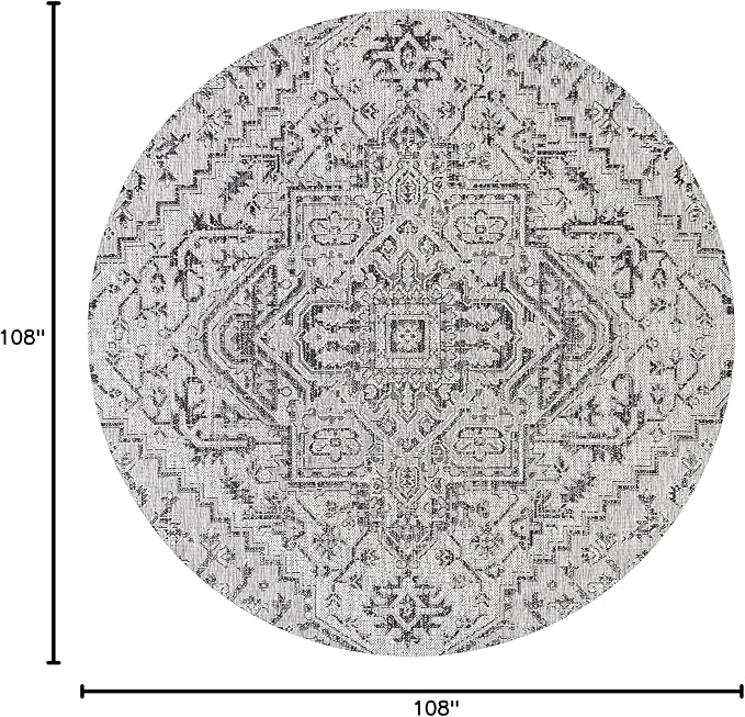 JONATHAN Y Boho Medallion Indoor Outdoor Round Area Rug 9 Ft Black/Gray, Estrella Textured Weave for Backyard, Patio, Porch, Easy-Cleaning, High Traffic, Pet-Friendly, Non-Shedding (SMB105D-9R)