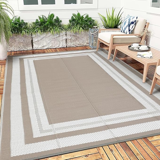 9x12 Outdoor Rug Waterproof Foldable Plastic Straw Carpet for Patio Porch Modern Border Reversible Mat Lightweight Floor Mat for Picnic, Backyard, Beach, Deck, Camper, Balcony，Light Brown