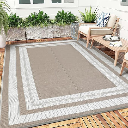 9x12 Outdoor Rug Waterproof Foldable Plastic Straw Carpet for Patio Porch Modern Border Reversible Mat Lightweight Floor Mat for Picnic, Backyard, Beach, Deck, Camper, Balcony，Light Brown