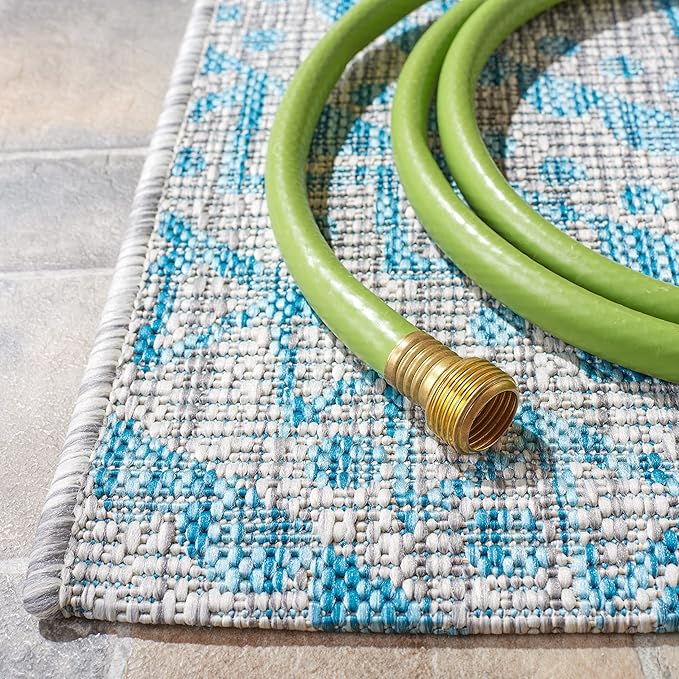 SAFAVIEH Washable Rug Outdoor Courtyard Collection - 9' Square, Light Grey & Aqua Blue, Non-Shedding & Easy Cleaning, Ideal for Patio, Backyard, Mudroom (CY8734-37112)