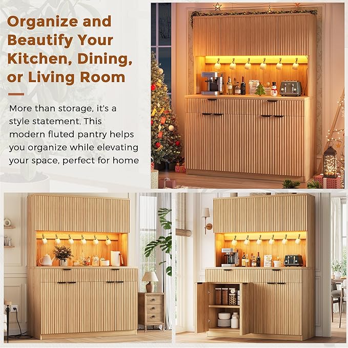 Jocoevol Fluted Kitchen Pantry Storage Cabinet with Charging Station/LED Light/Doors/Shelves, 71'' Tall Kitchen Food Hutch with Microwave Stand for Dining Room Living Room (Natural, 47 * 15.7 * 71)