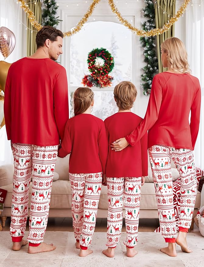 Ekouaer Family Matching Pajamas Christmas Sleepwear Long Sleeve Sleep Shirt with Plaid Pants Soft Loungewear Pjs Set S-XXL