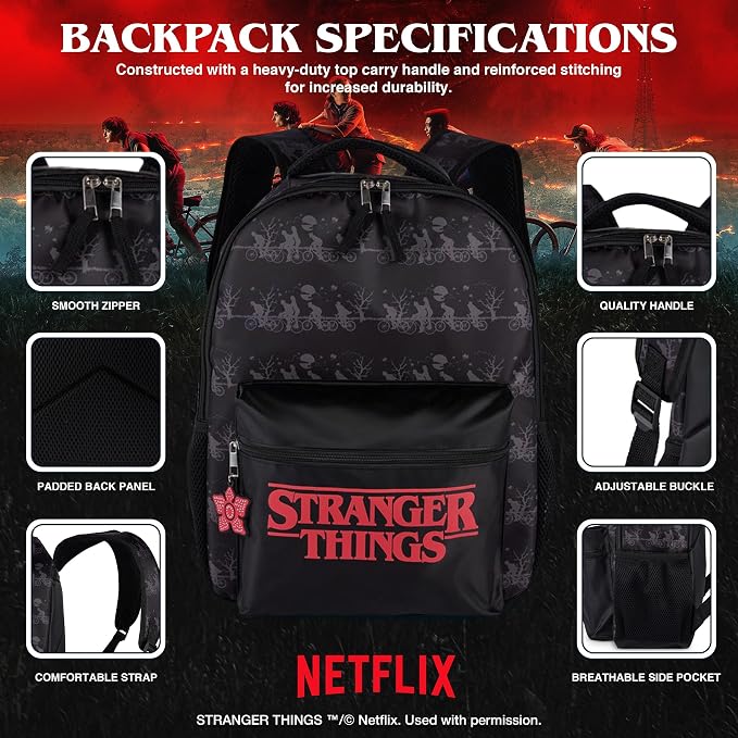 AI ACCESSORY INNOVATIONS Stranger Things Backpack with Character Graphic Pattern, Black, 16x12x5 Inches, Polyester, 3 Pockets, Water Repellent, Adjustable Straps, Padded Back