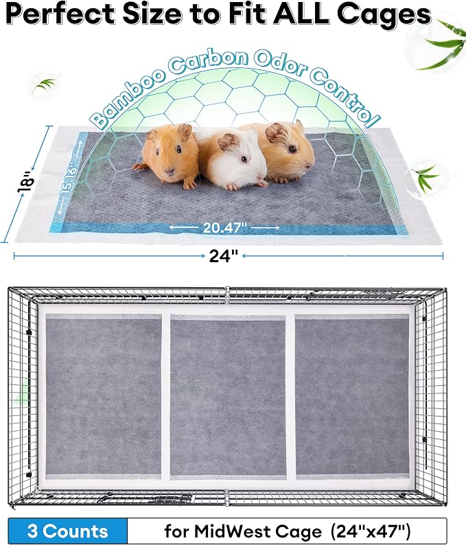 BUCATSTATE Disposable Guinea Pig Cage Liners 30 Count, Super Absorbent Guinea Pig Bedding, Bamboo Charcoal Odor Control Pee Pads for Rabbits, Ferrets and Birds (18''x24'') (Pack of 2)
