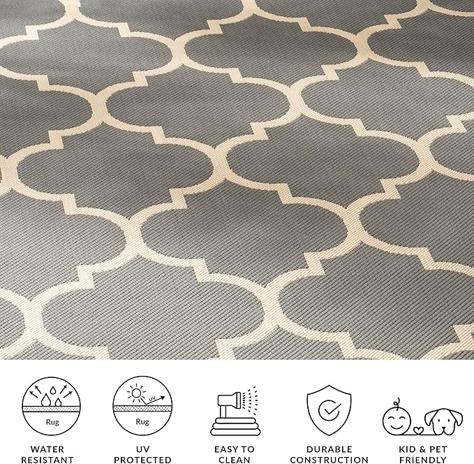 SAFAVIEH Washable Rug Outdoor Courtyard Collection - 5'3" Square, Anthracite & Beige, Non-Shedding & Easy Cleaning, Ideal for Patio, Backyard, Mudroom (CY6914-246)
