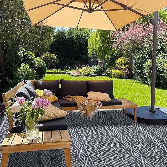 SAND MINE Reversible Mat, Indoor Outdoor Rug Carpet, Reversible Patio Rug, RV Camping Rug, Plastic Straw Rug, Large Floor Mat for RV, Patio, Backyard, Deck, Picnic, Camping, Grey & White, 6' x 9'