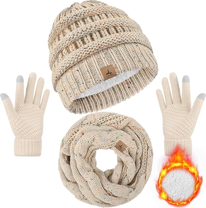 Winter Beanie Hat Scarf Gloves, Warm Fleece Knit Hats Touch Screen Gloves Neck Scarf Set Winter Gifts for Unisex Adult