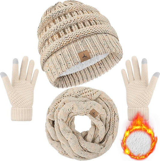 Winter Beanie Hat Scarf Gloves, Warm Fleece Knit Hats Touch Screen Gloves Neck Scarf Set Winter Gifts for Unisex Adult