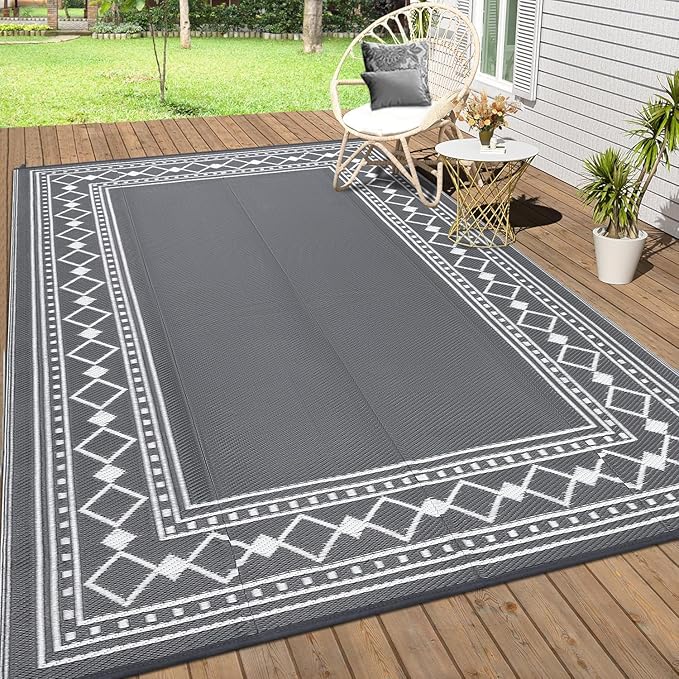 9x18 Large Outdoor Rug,Modern Bordered Plastic Straw Carpet,Waterproof Lightweight Outdoor Carpet,Easy Cleaning Folding Uv Resistant Picnic Camping Mat,Grey/White