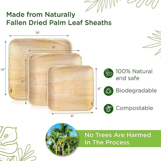 6 Inch 100 Square Palm Leaf Plates – Compostable, Biodegradable, Eco-Friendly – Like Bamboo Disposable Plates for Party, Wedding, Picnic – Sturdy, Heat Proof & Leak Proof
