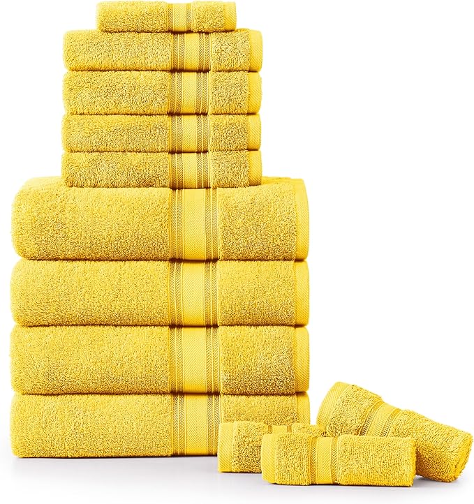 LANE LINEN 12 Pack Towels for Bathroom – 100% Ring-Spun Cotton, 4 Bath, 4 Hand & 4 Wash Cloth, Zero Twist Soft Towels, Oeko Tex Certified Hotel Quality Towel, Easy to Wash – Mimosa
