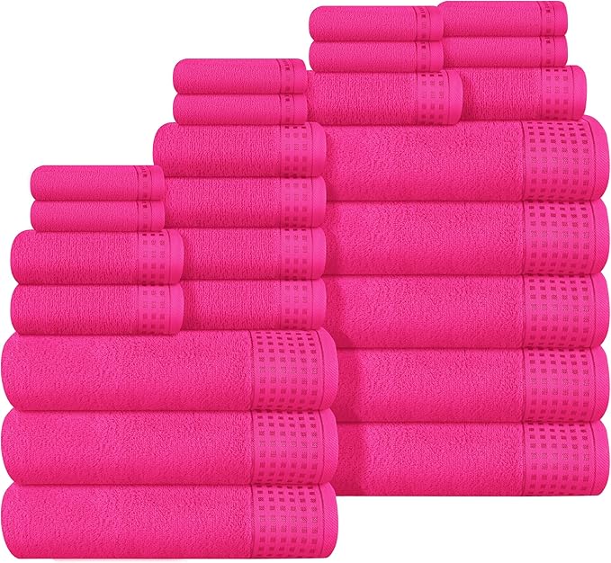 GLAMBURG Towels for Bathroom, 100% Cotton Towel Set, Contains 8 Soft Bath Towel, 8 Hand Towels, 8 Wash Cloths - Compact Absorbent Lightweight & Quickdry - 24 Piece Bathroom Towel Set - Hot Pink