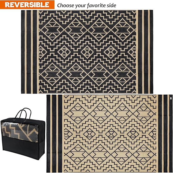 SAND MINE Reversible Mats, Plastic Straw Rug, Modern Area Rug, Large Floor Mat and Rug for Outdoors, RV, Patio, Backyard, Deck, Picnic, Beach, Trailer, Camping (5' x 8', Black & Beige)