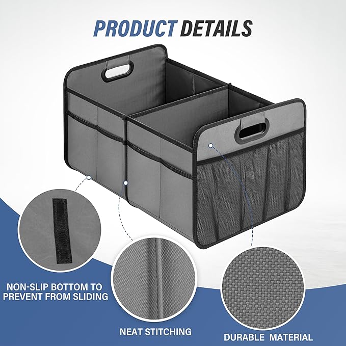 Simple Deluxe Car Trunk Organizer, Collapsible 2 Compartments Trunk Storage, Anti-slip Design, Made of Waterproof 600D Oxford Polyester, Suitable for SUV, Minivan, Truck, Standard Size, Grey