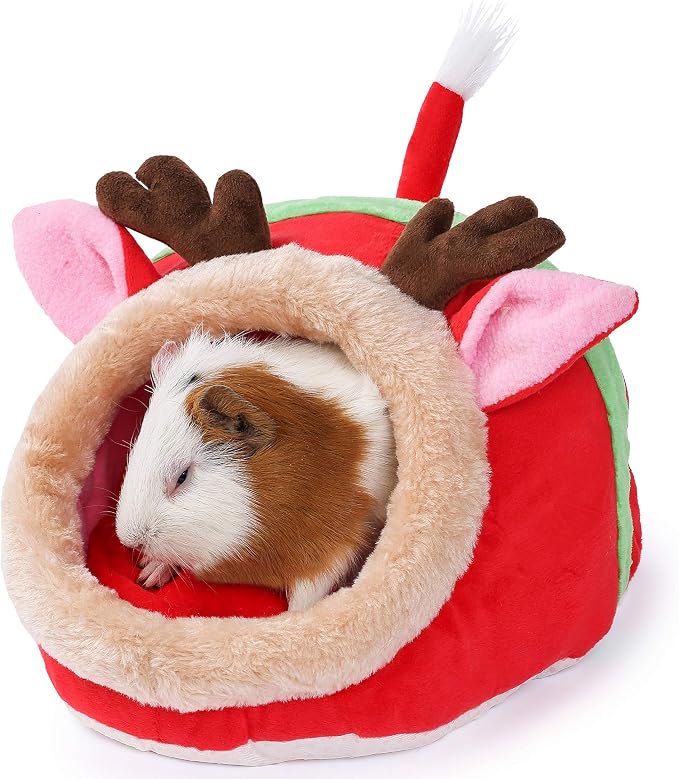 JanYoo Guinea Pig Rabbit Ferret Bed Hide Huts Removable Cushion for Rat Accessories Toys (L,Reindeer)