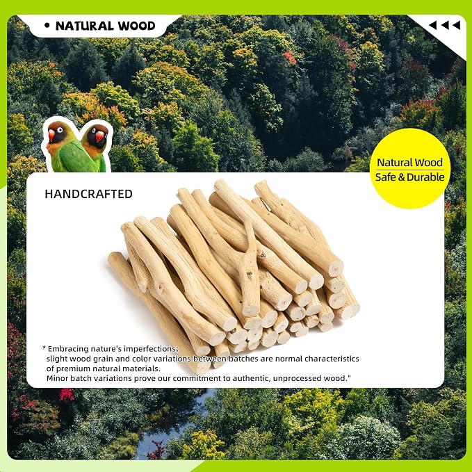 Natural Wooden Bird Perch Stand with Hanging Toy, Bark-Free Solid Wood Parrot Perch for Budgies, Parakeets, Cockatiels and Lovebirds, Inside or Cage Top Bird Playground