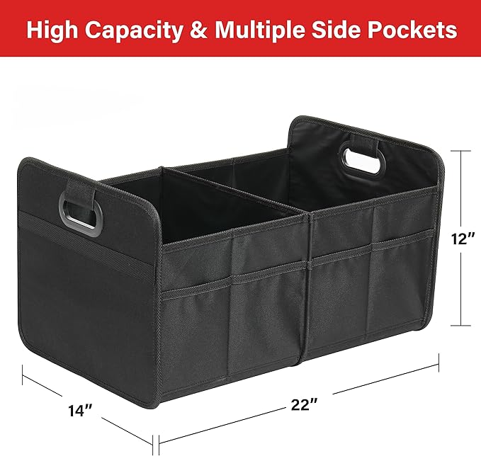 Simple Deluxe Trunk Organizer for Car/SUV, Foldable 2 Compartment 50L Car Storage, 600D Waterproof Oxford Polyester Car Storage Organizer, Anti-Slip & Leak-Proof Car Accessories for Travel, Black