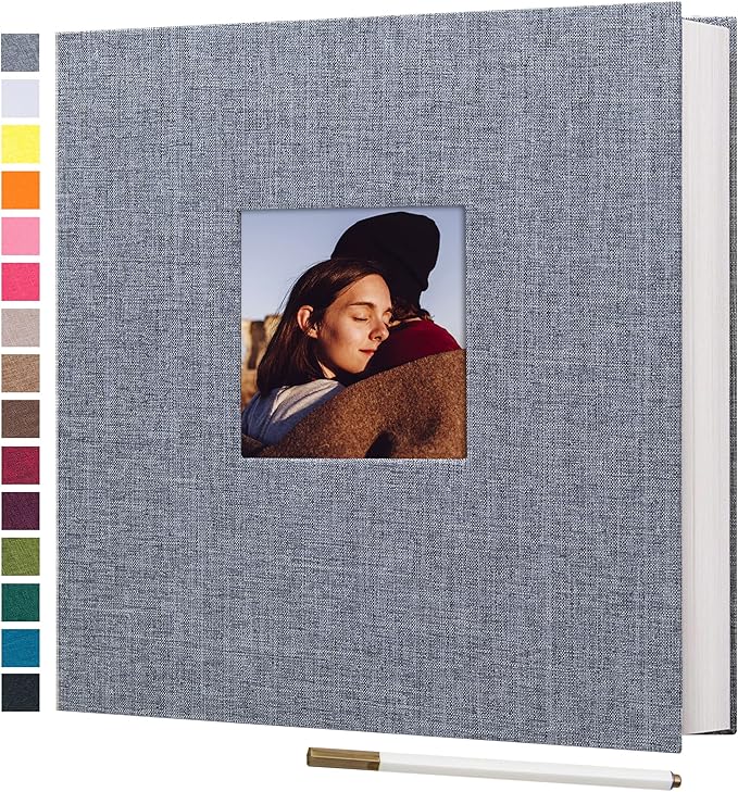 potricher 13.2x12.8 Inch Self Adhesive Photo Album Linen Cover 80 Pages Sticky 3x5 4x6 5x7 6x8 8x10 8.5x11 Magnetic DIY Scrapbook Photo Album with A Metallic Pen (Gray)