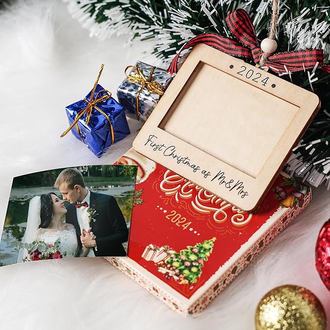 Christmas Photo Frame Ornament, 2024 Ornament, Wooden Picture Frame Ornaments With Hanging String (First Christmas As Mr & Mrs (Landscape))