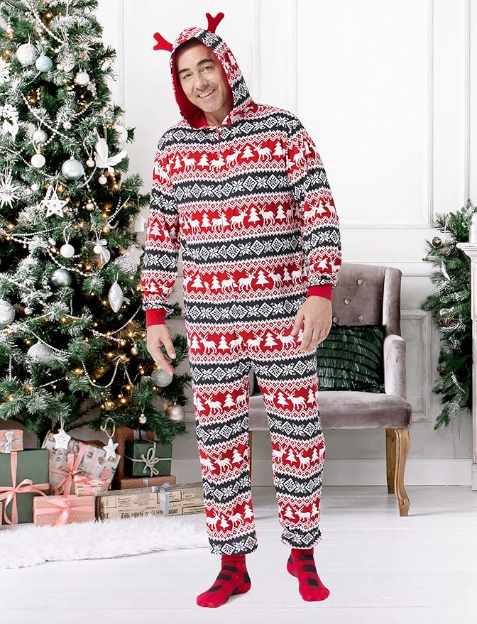 PATPAT Matching Family Christmas Onesie Pajamas – Holiday Hooded Jumpsuit Sleepwear PJs Couples Xmas Loungewear with Socks