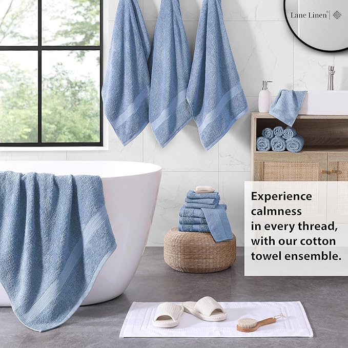 LANE LINEN Ring Spun Cotton Bath Towel Set, 18 PCs - 8 Washcloths, 6 Hand, 4 Luxury Bath Towels - Machine Washable & Sustainably Produced, Oeko-Tex Certified - Cerulean Blue