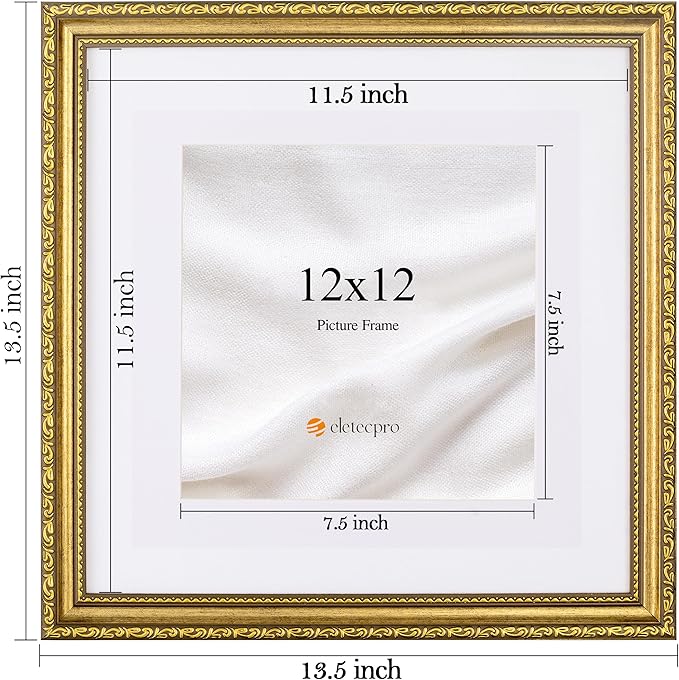 eletecpro 12x12 Picture Frames Set of 4, Vintage Photo Frame with Glass, Gold Frames 12 by 12 Display 8x8 Photo with Mat or 12x12 without Mat for Home Wall Decor, Gold
