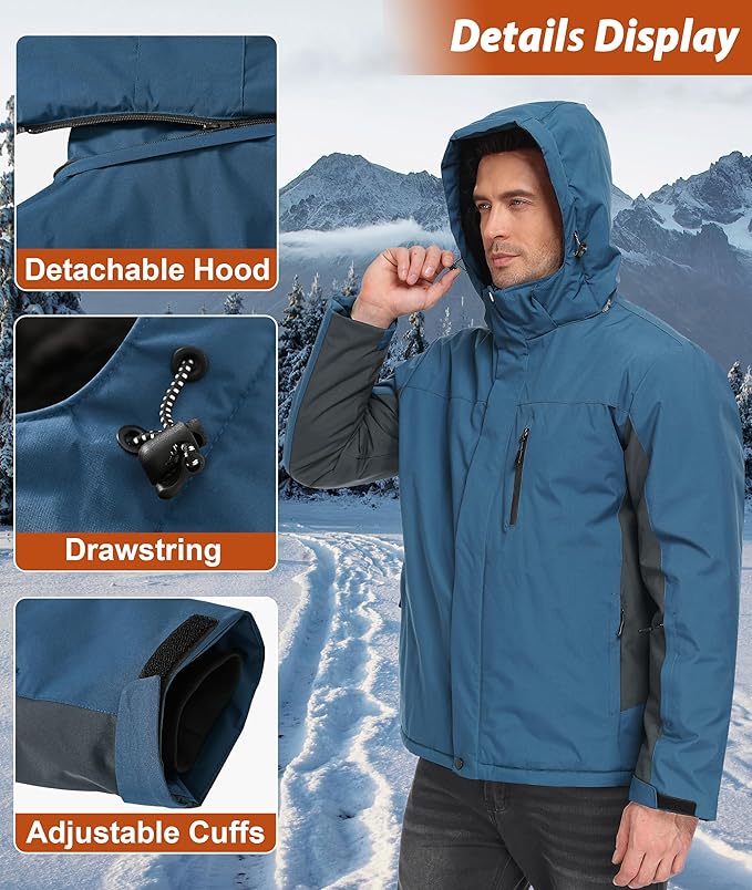 Mens Winter Snow Jacket Waterproof Ski Jackets Snowboard Rain Warm Coat Insulated Hood Fleece Lined