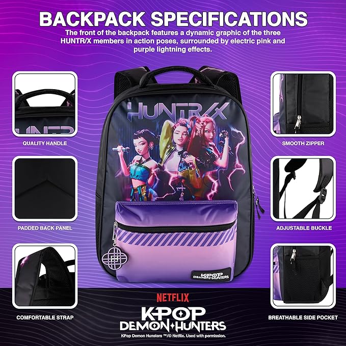 AI ACCESSORY INNOVATIONS K-Pop Demon Hunters Huntrix 16” Backpack for Girls, Featuring Rumi, Zoey, Mira, Rubber Molded Bag Charm, Huntrix
