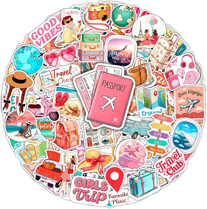 100Pcs Travel Stickers for Girls Luggage, for Water Bottle - Traveling Scrapbook Stickers and Decals - Cute Travel Journaling Decals - Traveling Girly Gifts