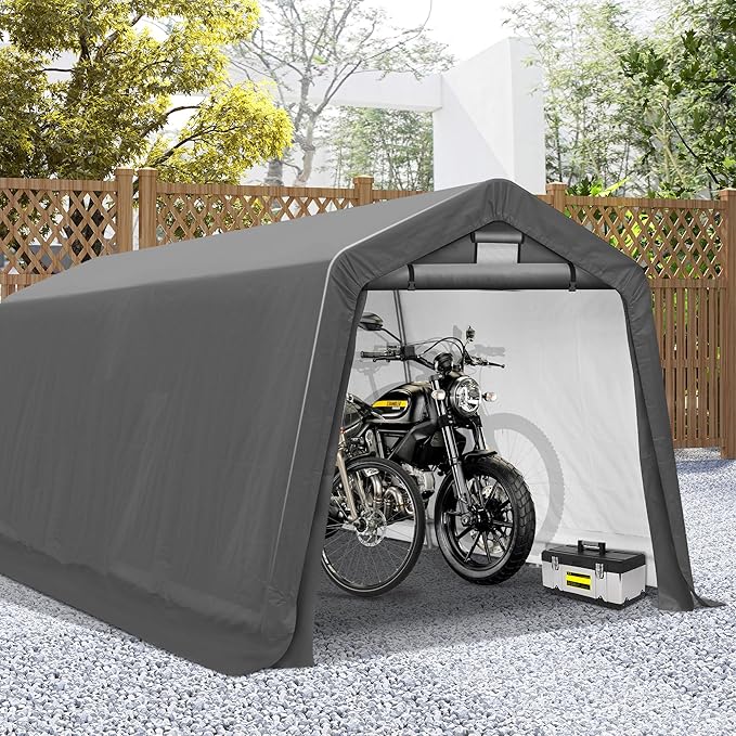 COVERONICS 8' x 14' Outdoor Storage Shed - Heavy Duty Portable Shelter Carport with Ventilation Windows and Roll-up Doors, Storage Shelter Tent for Motorcycle, Bike, Lawnmower and Garden Tools, Grey