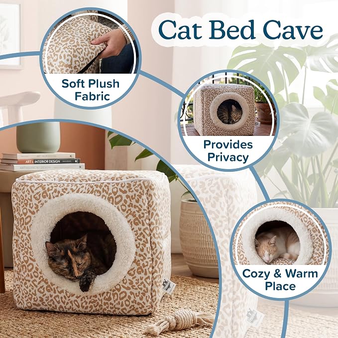 Cat House - Indoor Bed with Removable Foam Cushion - Cat Cave for Puppies, Rabbits, Guinea Pigs, and Other Small Animals by PETMAKER (Animal Print)