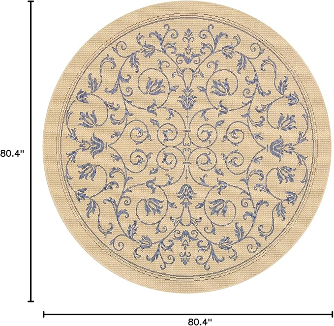 SAFAVIEH Washable Rug Outdoor Courtyard Collection - 6'7" Round, Natural & Blue, Non-Shedding & Easy Cleaning, Ideal for Patio, Backyard, Mudroom (CY2098-3101)