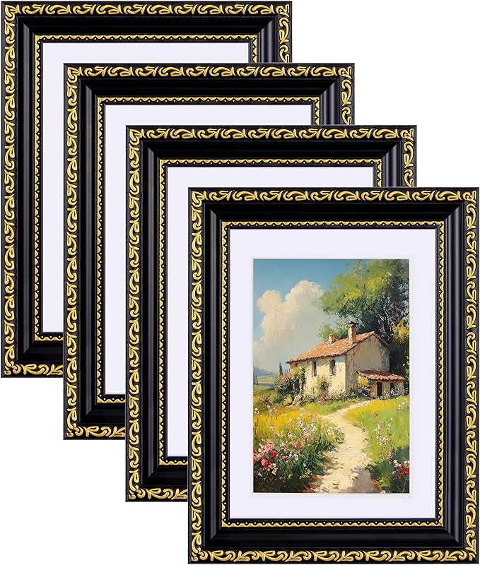 eletecpro 5x7 Picture Frames Set of 4, 5 x 7 Vintage Photo Frames with Glass, Displays 4x6 Photo with Mat or 5x7 without Mat for Tabletop or Wall Decor, Black Gold