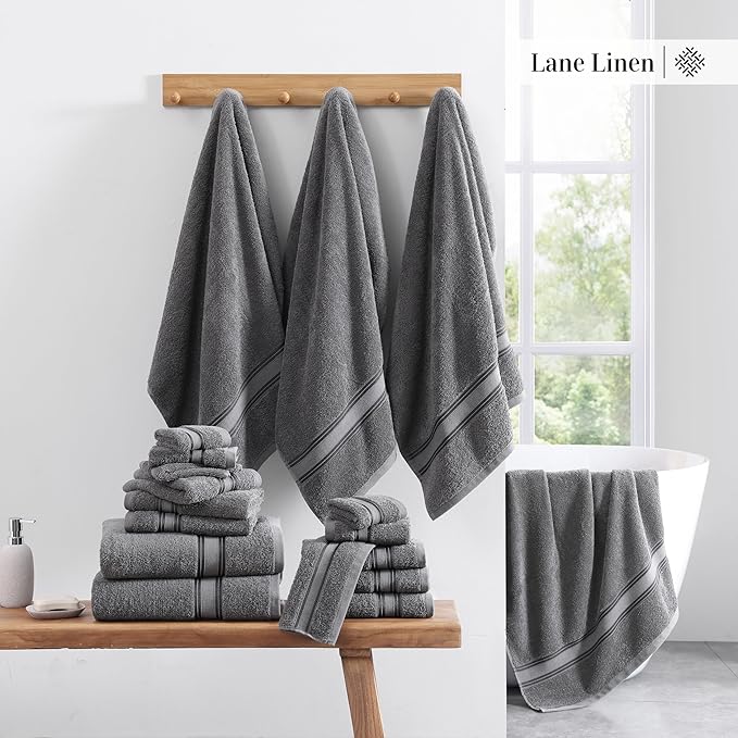 LANE LINEN Towel Set of 12 – 100% Ring-Spun Cotton, Zero Twist, 4 Large Bath Towel, 4 Hand Towels & 4 Wash Cloths, Quick Dry & Long-Lasting, Perfect for Family Bathrooms, Easy Care – Cool Grey