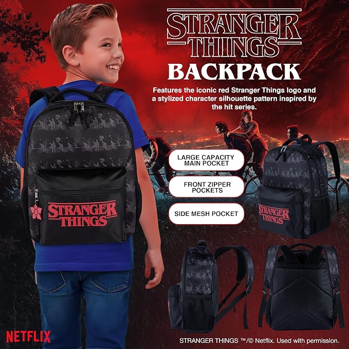 AI ACCESSORY INNOVATIONS Stranger Things Backpack with Character Graphic Pattern, Black, 16x12x5 Inches, Polyester, 3 Pockets, Water Repellent, Adjustable Straps, Padded Back