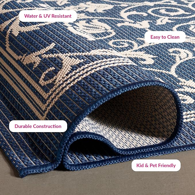 SAFAVIEH Washable Rug Outdoor Courtyard Collection - 2'7" x 5', Navy & Beige, Non-Shedding & Easy Cleaning, Ideal for Patio, Backyard, Mudroom (CY2098-268)