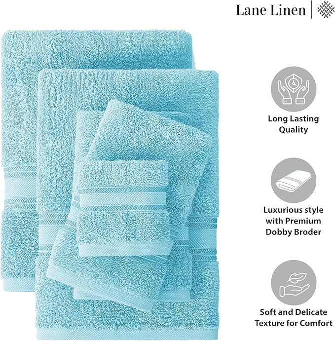 LANE LINEN Towel Set for Bathroom – 12-Pack 100% Ring-Spun Cotton, Zero Twist, Includes 4 Bath, 4 Hand & 4 Washcloth, Suitable for All Body Types, Soft & Quick Dry, Ideal for Airbnb & Spa - Blue