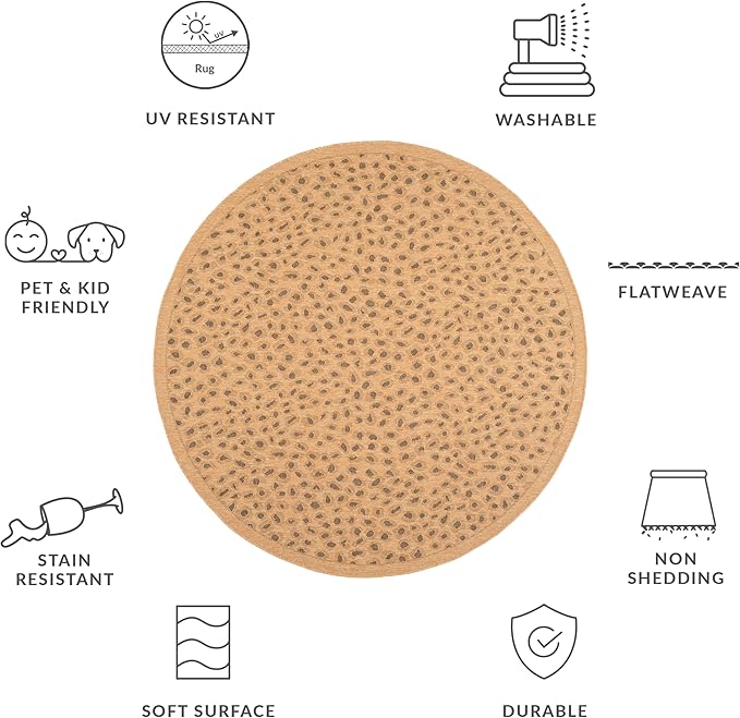 SAFAVIEH Washable Rug Outdoor Courtyard Collection - 6'7" Round, Natural & Gold, Non-Shedding & Easy Cleaning, Ideal for Patio, Backyard, Mudroom (CY6104-39)
