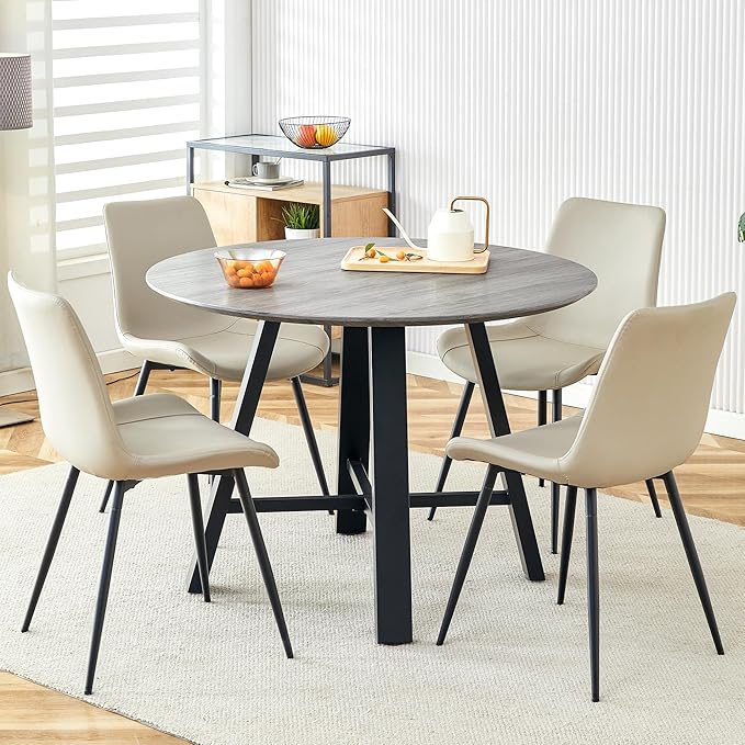 Round Dining Table Set for 4, Round Kitchen Dining Table and Chairs Set for 4,Modern 42" Wood Dining Room Table Set with PU Leather Chairs for Small Space Kitchen Office Cafe Apartment