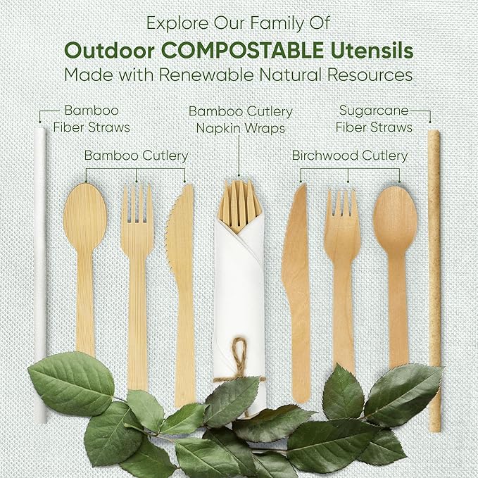 Premium Pre-Rolled Napkin and Bamboo Cutlery Set (30 Pack, 120 PCS) 100% Biodegradable, Eco-Friendly, Disposable Wrapped Cutlery - Includes Pre-Wrapped Bamboo Forks, Knives, Spoons, & Napkins