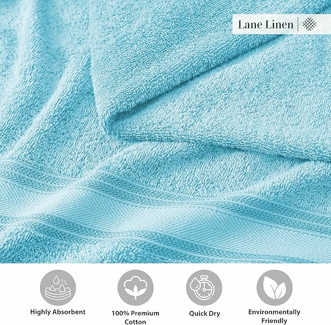 LANE LINEN Towel Set for Bathroom – 12-Pack 100% Ring-Spun Cotton, Zero Twist, Includes 4 Bath, 4 Hand & 4 Washcloth, Suitable for All Body Types, Soft & Quick Dry, Ideal for Airbnb & Spa - Blue